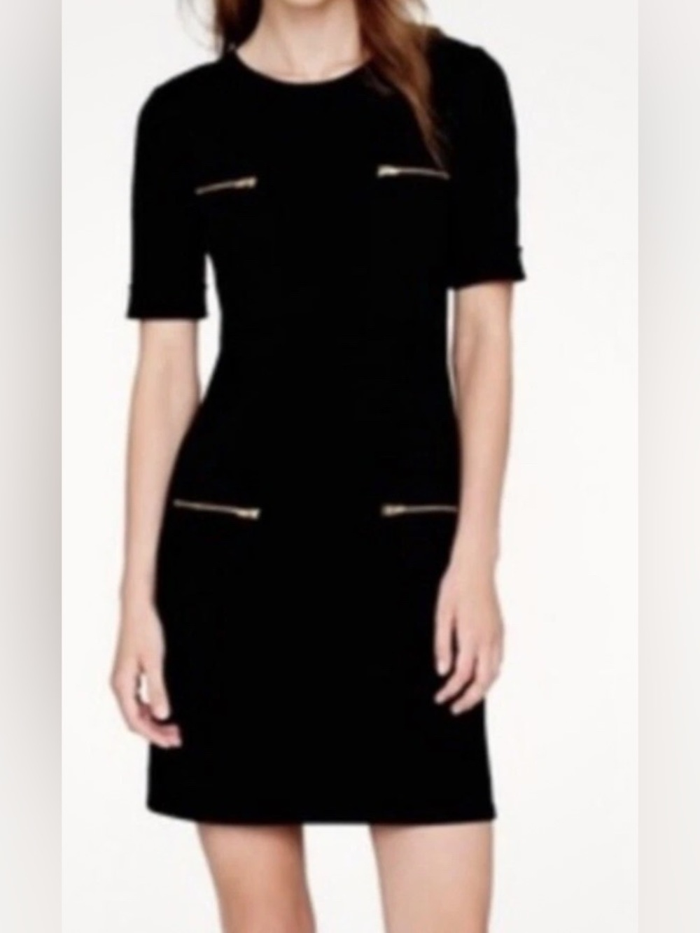 J. Crew Black Wool Blend Short-Sleeve Shift Dress with Gold Zippers Size 2